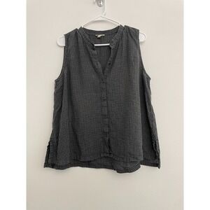 Eileen Fisher Button Down Tank Top Women L Gingham Gray Linen Classic Coastal